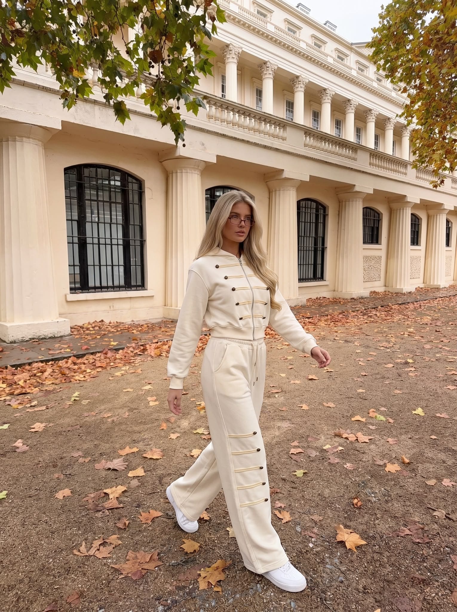 Model walking across autumn leaves in a colonnaded courtyard, wearing a cream set with gold buttons and braided cord trim.